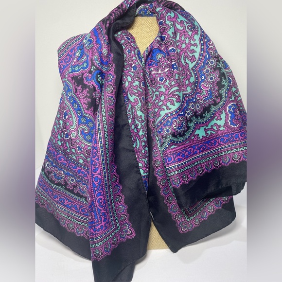VTG Paisley Scarf 30x30 Black Purple Pink Blue Teal Square Boho 100% Polyester - Picture 1 of 4